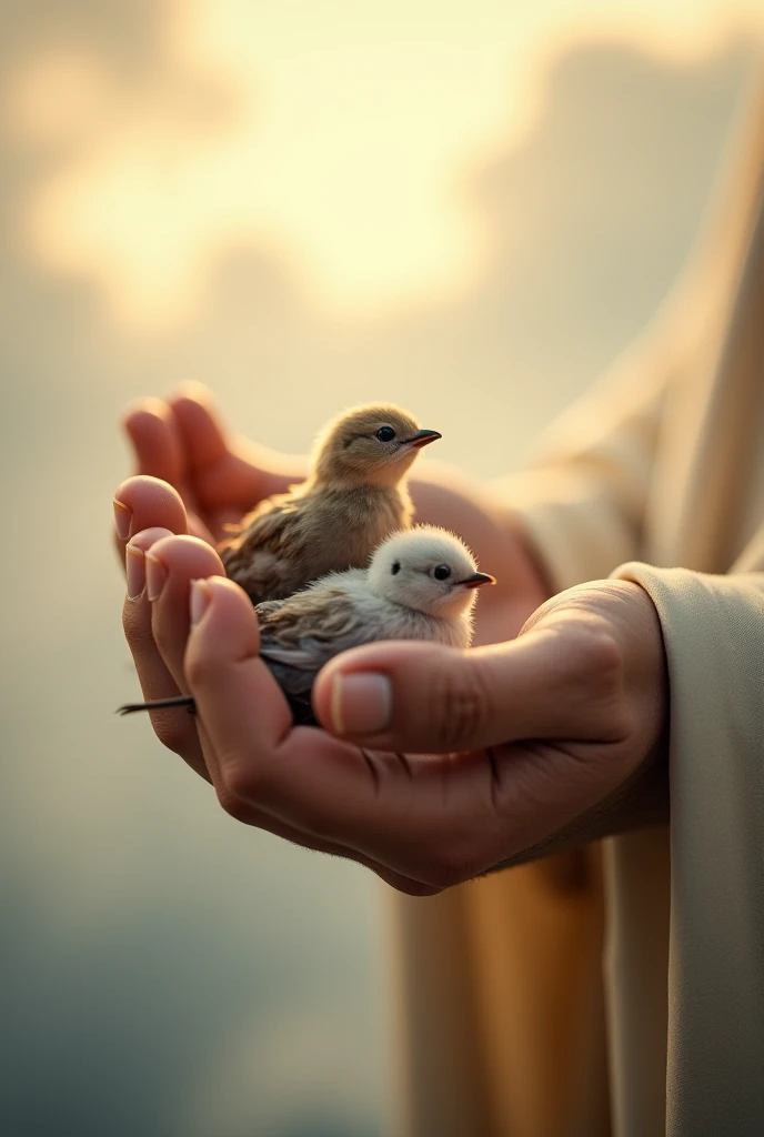 Extreme close-up of Jesus Christ's hands looking at the camera with a baby, holding a tiny, delicate bird, with soft, glowing clouds in the background. The lighting is soft and ethereal, highlighting every detail of the skin, feathers and clouds. Shot with...