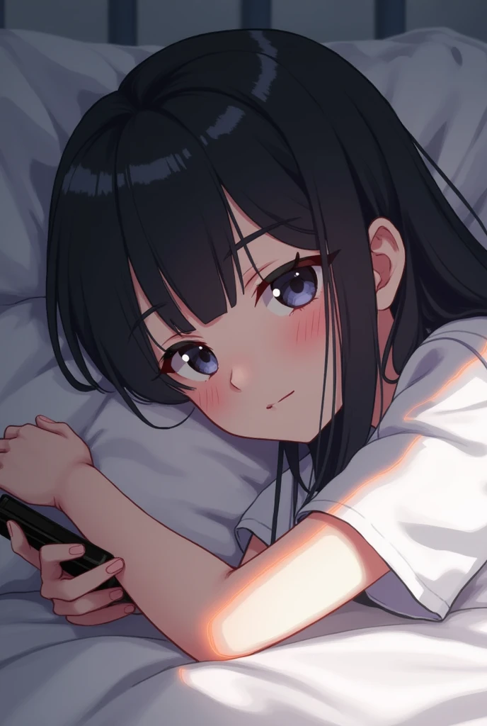 a close up of a person laying on a bed with a cell phone, from girls frontline, trending at cgstation, popular on pixiv, trending on cgstation, top rated on pixiv, fine details. girls frontline, trending on pixiv, she has black hair with bangs, naver fanpo...