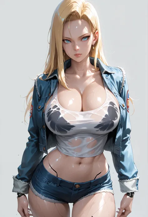 masterpiece, best quality, vibrant, very aesthetic, high contrast, semrealistic, newest,  
1girl, solo, long hair, breasts, bangs, large breasts, simple background, navel, cleavage, blue eyes,  blonde hair, , huge breasts, Jean jacket, denim jacket, lips, ...