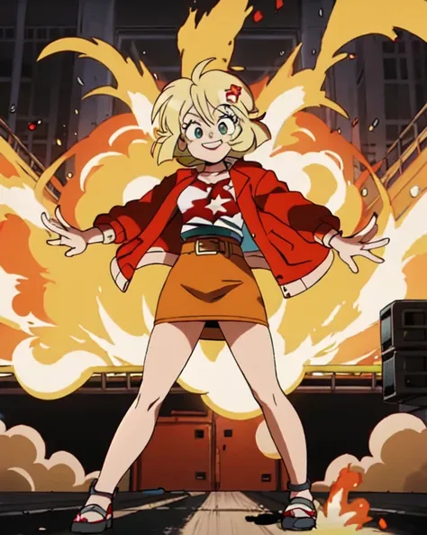 score_9, score_8_above, score_7_above, Minnie May Hopkins ,  Open Jacket,Granada, Explosion effect,
 masterpiece, high quality,Alone ,al aire libre,
 looking at the Viewer, Smile,
mayhopkins ,1 Truck,
cabello corto, cut bob breasts, Blond hair,aqua eyes,
 ...