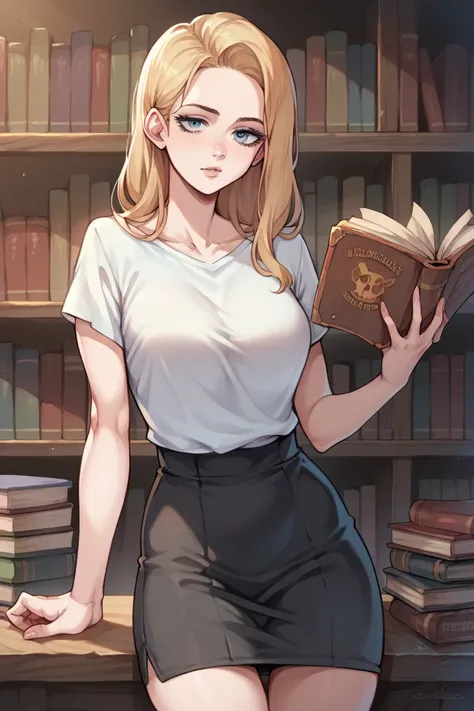 Anime woman, Buffy Summers (Buffy The Vampire Slayer), blonde, beautiful, light blue eyes, pale skin, light pink t-shirt, black skirt middle thigh, Snickers, books in hand, fit body, slim body, curve hips, short height