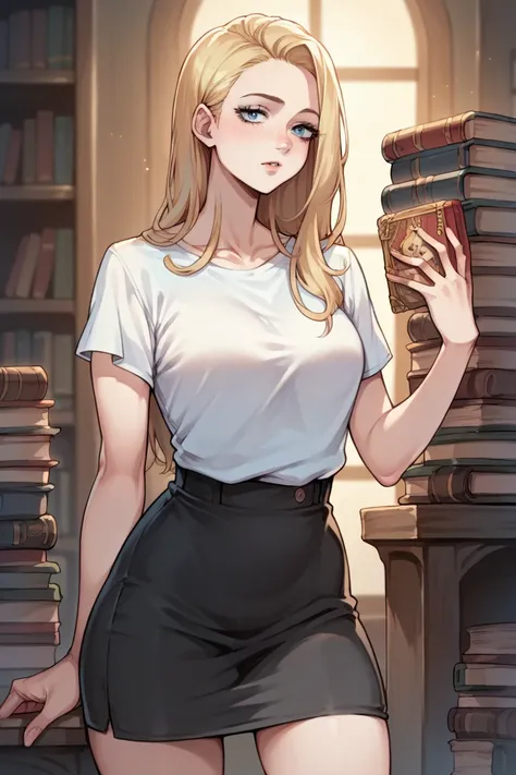 Anime woman, Buffy Summers (Buffy The Vampire Slayer), blonde, beautiful, light blue eyes, pale skin, light pink t-shirt, black skirt middle thigh, Snickers, books in hand, fit body, slim body, curve hips, short height