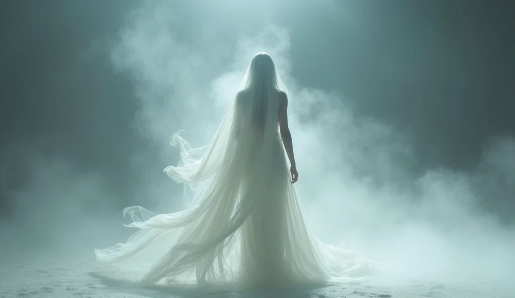 A ghostly woman dressed in a flowing white sari,