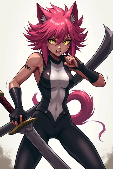 A Werewolf Girl,  anime style,  fair skin ,  pink hair,  golden eyes,  black and white clothes , black and white pants,  serious and furious expression, brandishing a heavy sword .
