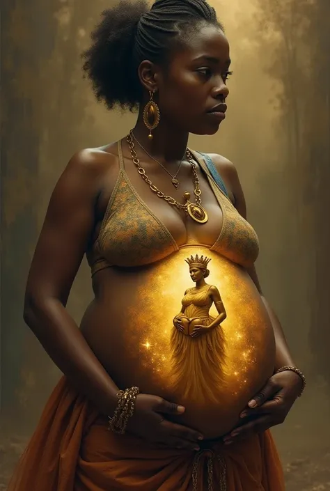 A hungry pregnant african lady with an eath ball stomach and inside the stomach theres a golden  wearing a gold crown holding a Heart