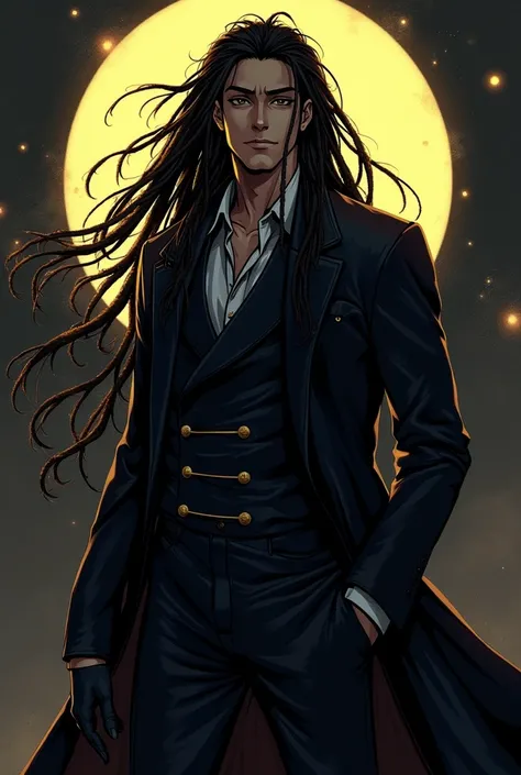 Homme noire maître des techniques Obscure de Seth, Guadeloupe, aura lumière obscure, visage sérieux, style anime japonais,kimetsu no yaiba, tenu de Pharaon, long cheveux, dreadlocls, dreads,locks, soleil noire 