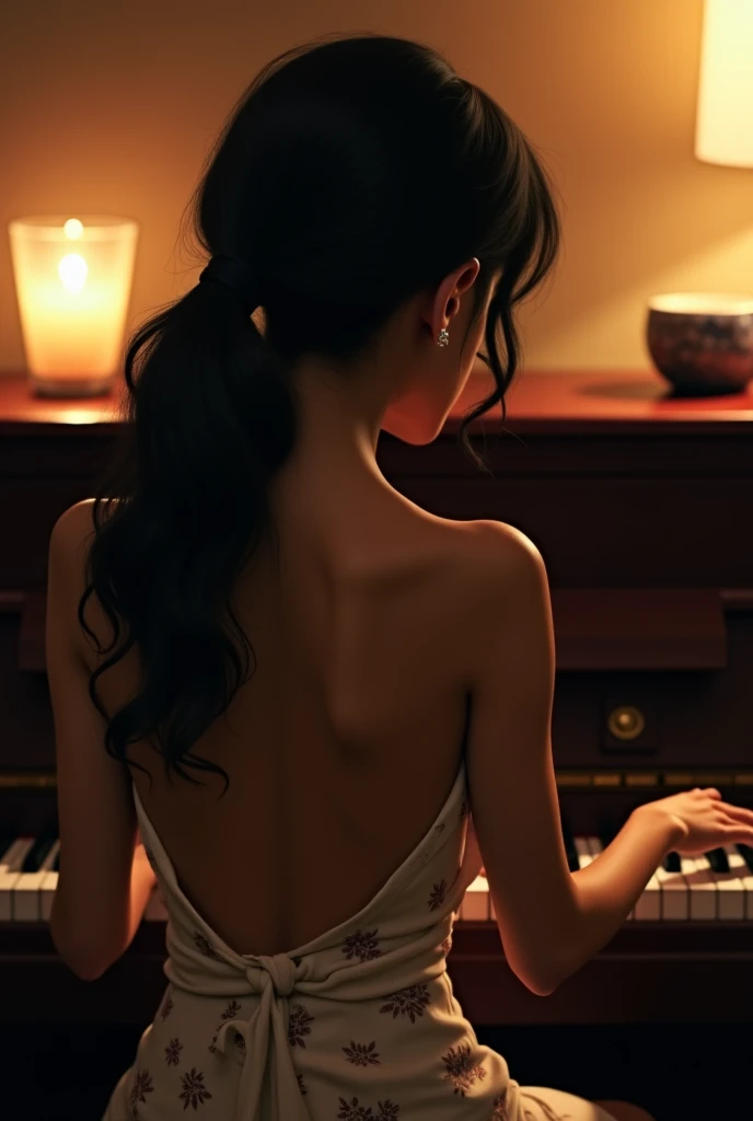 A beautiful Malagasy girl playing piano, we don't see her face but her back