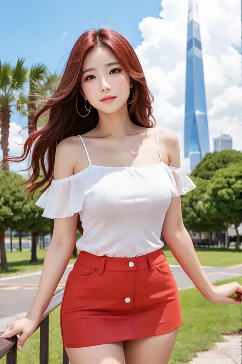  highest quality 、  Hi-Res、  adult female 1  、 Red Hair 1.3、 miniskirt 1.5、Teka skin 1 .4、 chubby 1.2、 full body shot 1.1、 Japanese cool face  、 Big Breasts、 thighs、  captivating look、 white plain background