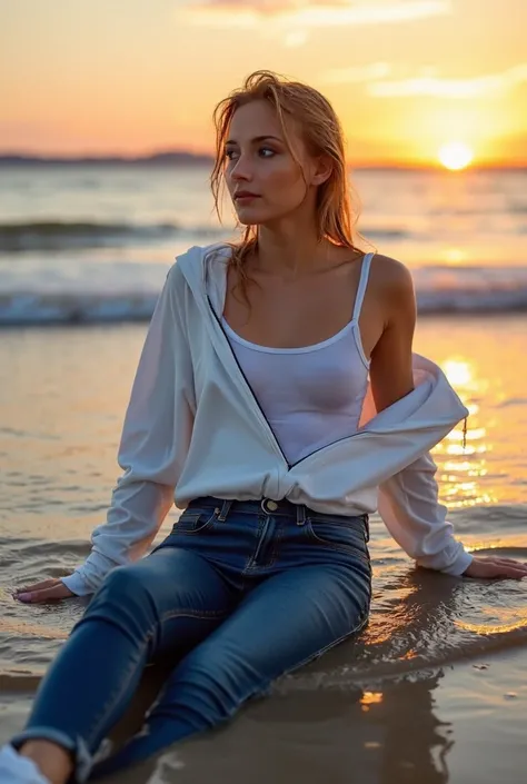  A pretty woman walks on the beach  ,   loves the sunset  .  she lies down in shallow water  ,  fully clothed  .  she wears A pair of tight dark blue skinny jeans ,  white sneaker sneakers wet  ,  a thin white sports jacket competently wet  ,  T -shirt wet...