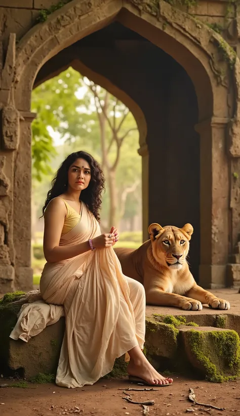 Women beside a forgotten stone archway, remnants of an ancient temple lost to time. She sits gracefully on a moss-covered rock, the lion resting beside her, its amber eyes scanning the horizon. Her fingers absentmindedly play with the edge of her saree, lo...