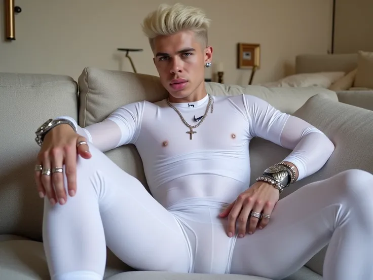 full length view of a handsome avaearge white man with fashion platinum-blond short sculpted stylish undercut , wearing white Nike shiny lycra compression shirt, white lycra sport tights, white 'FAG' logo nylon-socks, no shoes, inflated siliconed flxBimboL...