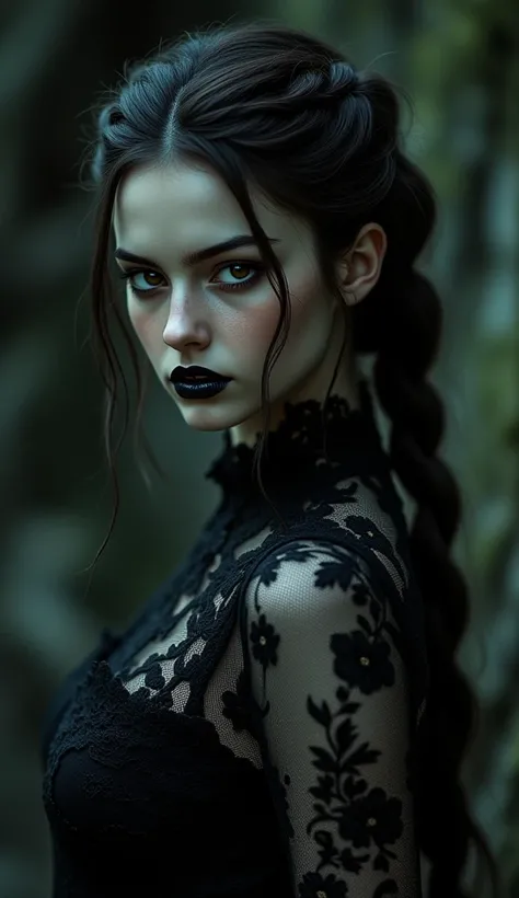 A mysterious woman with dark hair in braids, wearing an elegant black lace dress and dark makeup, small breasts, perfect shape, ((witchy style, dark eye shadow, dark lip, with a serious expression on her face)), detailed face, detailed eyes, detailed lips,...