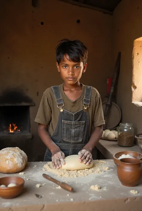 "A young, impoverished boy baking bread in a rustic, rural mud kitchen. The boy wears a t-shirt with dark overalls. They are kneading dough, surrounded by one bread,  jars of ingredients, wooden bowls, and baking tools. His clothes are worn and tattered, a...