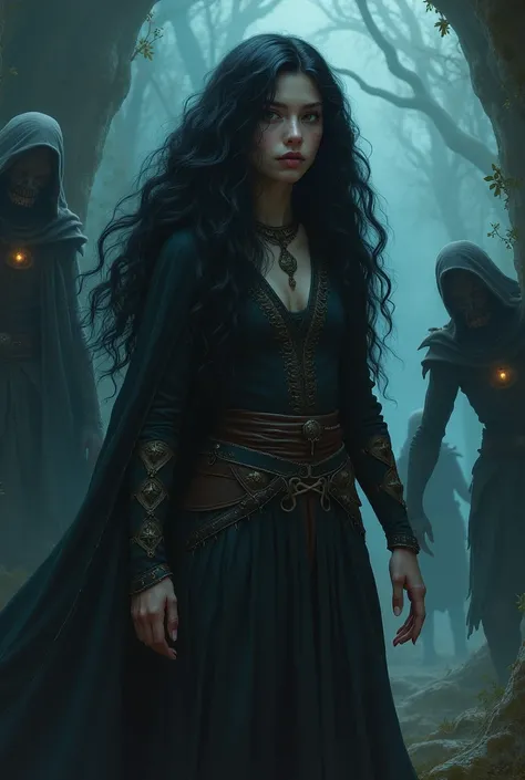 I would like a picture about a 18 years old warrior girl, who is singing to some scary creatures that are born from the shadows and dark. The girl is chunky, she has long, curly, black hair, she is curved and she has deep-blue and black colored eyes.