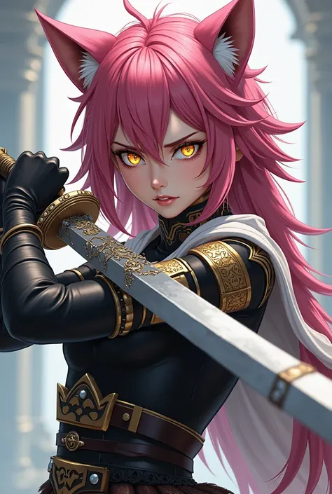 A Werewolf Girl,  anime style,  fair skin , spiky pink hair,  golden eyes,  black and white clothes , black and white pants,  serious and furious expression, brandishing a heavy sword .
