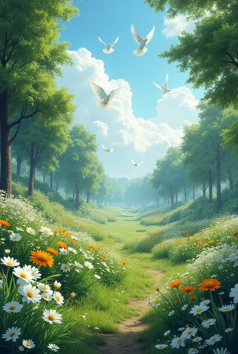 A very beautiful paradise with all kinds of flowers, including arcane, narcissus and jasmine. When you raise your head, you find the blue sky full of white pigeons that fly and the beautiful green trees are full of birds that sing. Wherever you go, you fin...