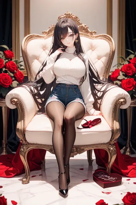  high image quality, HD, Age 26, beauty, beautiful face, cute, large breasts, beautiful breasts, beauty legs, black hair, long hair, turtleneck, shorts&black tights, nightmare, wear clothes, sitting Luxurious chairs, Wear clothes well, full body, condescen...