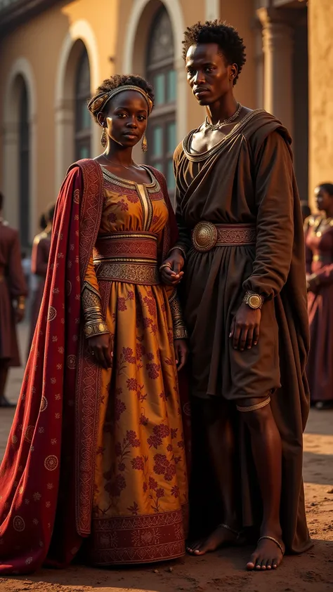 Old Queen Nzinga in royal robes, standing next to a very young husband, visibly aged but still powerful, royal palace background, soft sunset lighting, rich historical details, 17th-century Angola, cinematic and artistic composition.

