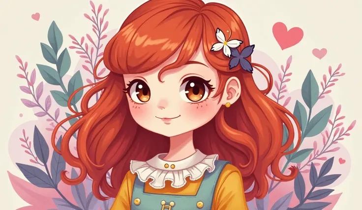  A stylized illustration of a red-haired girl with a soft tone ,  with a cute face and expressive brown eyes .  She wears colorful and cute clothes ,  reflecting the modern and fanciful style of the blog .  The background contains a mix of fantasy elements...