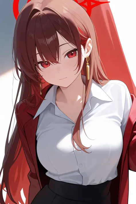 1 girl, Hair length reaches the back, Brown hair and red hair on the edges of the hair, red eyes, but not bright, wear a sexy ruby jacket outfit, หน้าอกไซส์ปานกลาง, have a gold earring, have a red halo