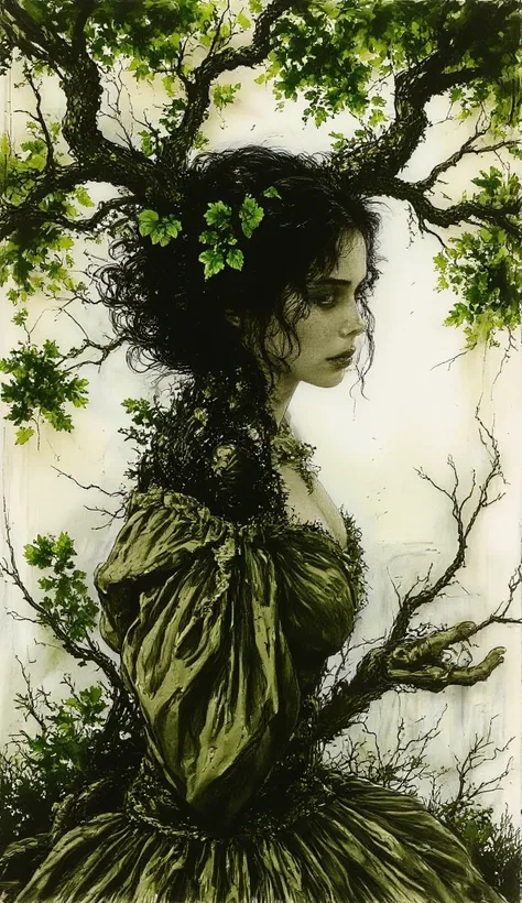 (best quality, 128k,highres,masterpiece:1.2),ultra-detailed,(realistic,photorealistic,photo-realistic:1.37), ((masterpiece)) ((photography)) ((Highest quality)) A surreal and highly detailed illustration of a mystical tree woman. Her face is elegantly scul...