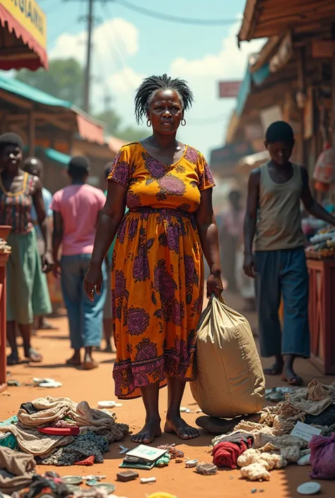 A picture of a middle age Ghanaian woman booking bus ticket with her scattered bag and clothes falling off 