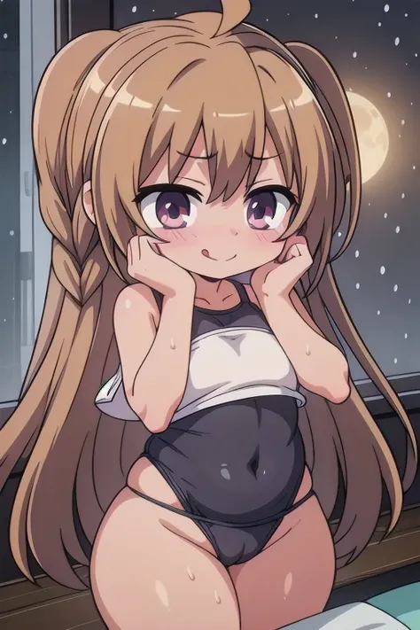 Sleeveless camisole, thick thighs, coffee hair, glowing eyes,(loli:1.6), showing belly, thick thigs, heart with hands, very happy, smile, shorts, room, window, rain, thick thighs, happy, smile, very blushed, embarrassed, nervous, coffee eyes, coffee hair, ...