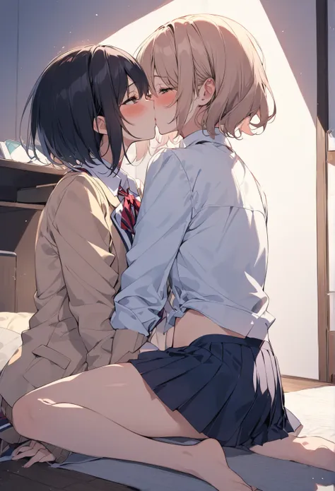  top quality 　Short Hair Girl　 girls２people　Girl kissing　 bedroom　 High School Student Uniforms　 pleated skirt 　 lesbian kiss　Kiss while sitting on the floor