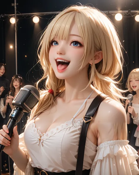 Beautiful park garin alone women long blonde hair medium size boob singing on stage holding a mic ultra HD quality detail very happy expression 