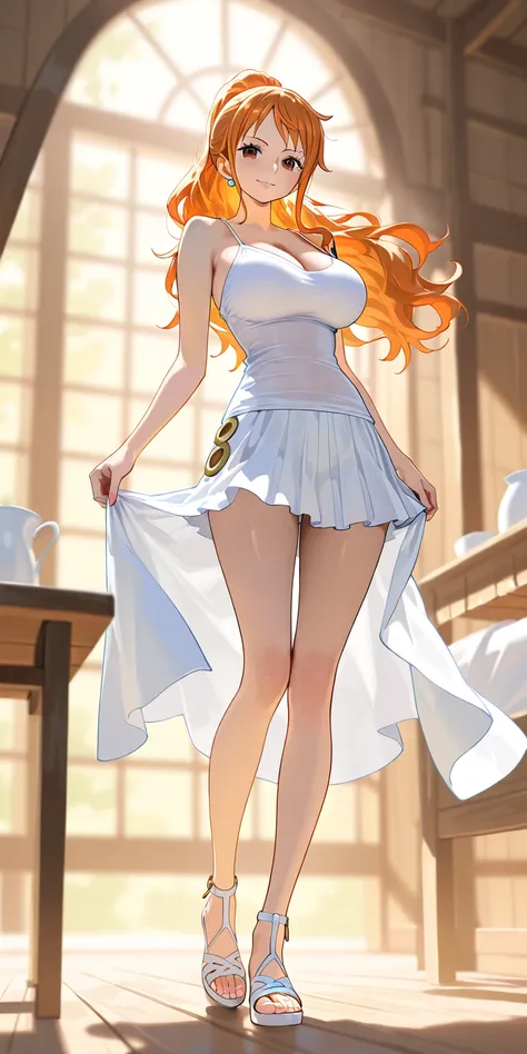 Masterpiece, elegant mature woman, nami\(one piece\), long hair, orange color hair, high ponytail hair, tall body, white camisole, white platted tennis skirt, full body, white gladiator style strappy sandals, dynamic lighting, ultra detailed, highres, absu...