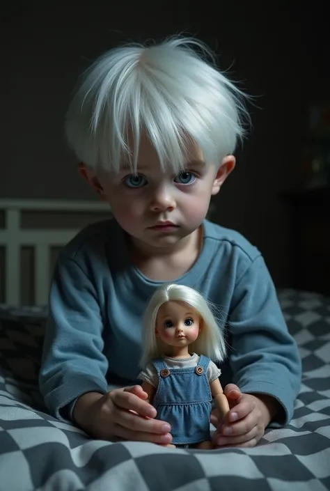 Create a five-year-old blue-eyed boy ,  in a cellar where you can see only the small mattress and a checkerboard ,  the  has a Barbie in his hands with white hair and skin of the same color, catatonic posture, Everything must be very realistic 