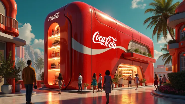 a futuristic fantasy house that looks like a giant coca cola fridge with residents in a futuristic fantasy street, Art Deco, high detail, futurism, Social realism, modern, Realism, Pop art, sparkle, glowing light, super detail, high details, high quality, ...