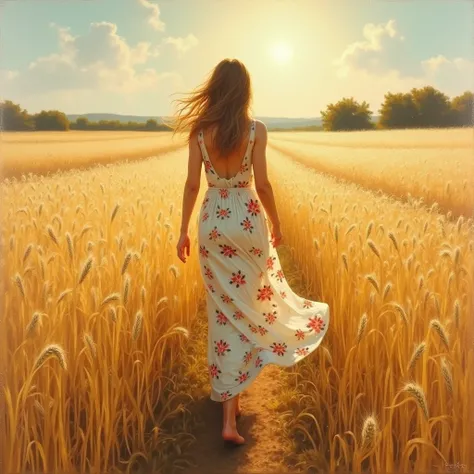 (((Oil painting,19th century),((Impressionist style art))),A young woman, dressed in a long floral dress, walks through a wheat field illuminated by the warm afternoon sun. The painting shows the soft brush strokes that capture the movement and light of th...