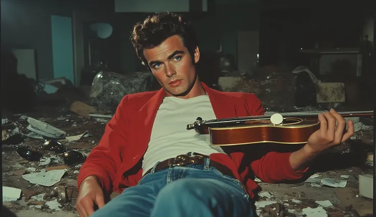 james dean,  who wears Red Jacket ,  white t-shirt and jeans lying on the floor among a bunch of papers, broken furniture from the 50's ,  in a local rehearsal room . He has a Gibson Les Paul wood-colored guitar in his hand with a white pickaxe.  has a sur...