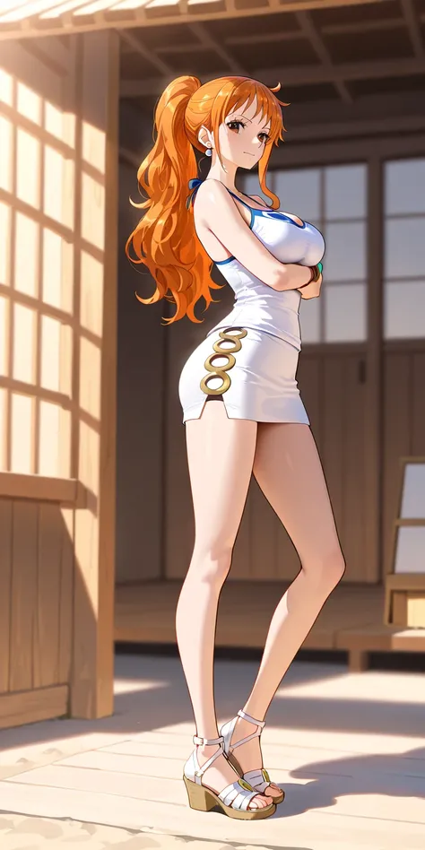 Masterpiece, elegant mature woman, nami\(one piece\), long hair, orange color hair, high ponytail hair, tall body, white camisole, white platted tennis skirt, full body, white gladiator style strappy sandals, dynamic lighting, ultra detailed, highres, absu...