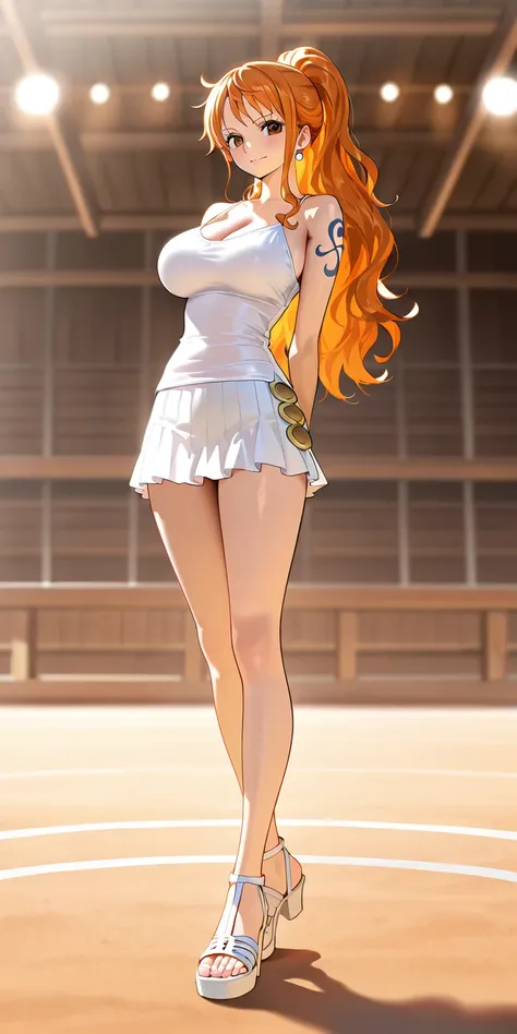 Masterpiece, elegant mature woman, nami\(one piece\), long hair, orange color hair, high ponytail hair, tall body, white camisole, white platted tennis skirt, full body, white gladiator style strappy sandals, dynamic lighting, ultra detailed, highres, absu...