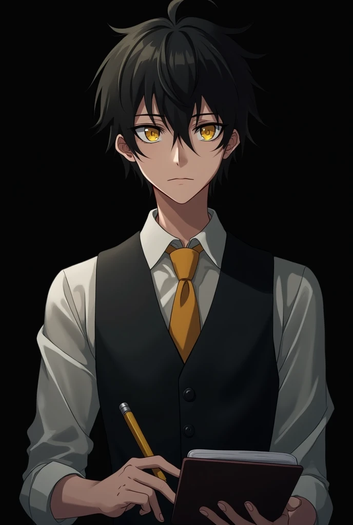  anime style illustration,  background is black, whole body,  shirt, Black vest, dull yellow tie, Man in his 20s with black hair,  yellow eyes,  Suspicious Atmosphere , A notebook on the right hand, He holds a pen in his left hand, The pupils of the eyes a...