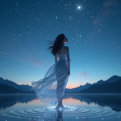 Mix between Selena Gomez and Jenna Ortega, masterpiece, ultra-realistic 8K. Éliana Morel incarne une beauté céleste sous un ciel rempli d’étoiles filantes, baignée dans une lumière cosmique douce et envoûtante. Elle se tient au centre d’un vaste paysage on...