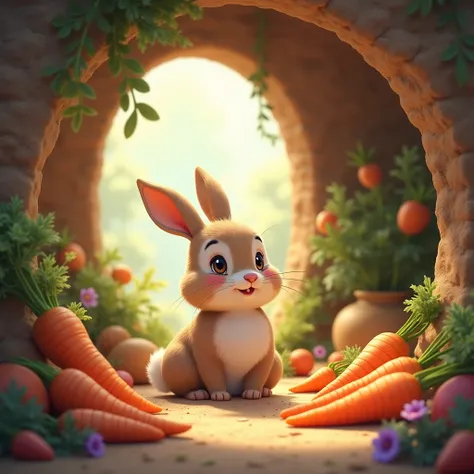 nside a cozy burrow, the little bunny Bino sits happily, surrounded by fresh carrots and beautiful flowers. The warm, earthy walls of the burrow create a safe and comfortable atmosphere.