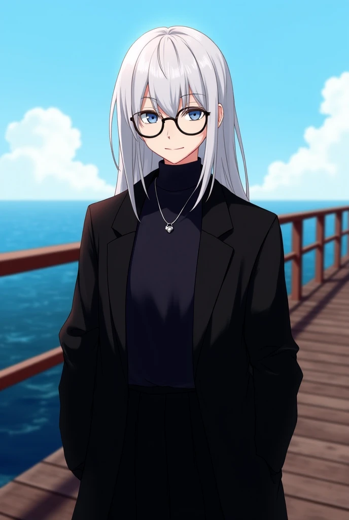  The character in the image has the following features :

hair: long,  White and smooth ,  falling on the shoulders and part of the chest .

eyes: clear and penetrating ,  possibly blue or greyish .

glasses: round, thin and transparent ,  giving off a sop...