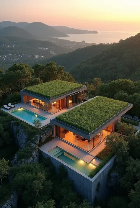 two houses with a pool and a green roof in the evening, a portrait by Bernardino Mei, pixabay, conceptual art, view from above, full - view, above view, award-winning masterpiece, top - view, seen from above, villa, well-designed masterpiece, zoomed out vi...