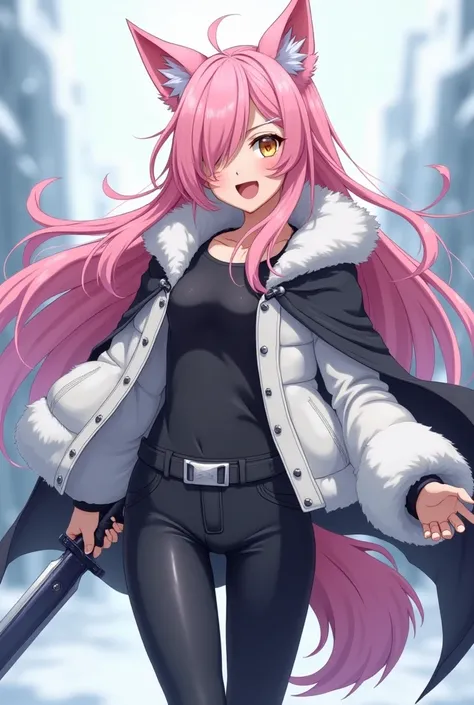 ( top quality,  thong,  official art , beautiful and aesthetic :1.2) female anime, wolf girl, rebellious girl,  long pink hair with bangs covering the right side of her face,  golden eyes, pink wolf ears, pink voluminous tail,  voluminous white coat ,  wea...