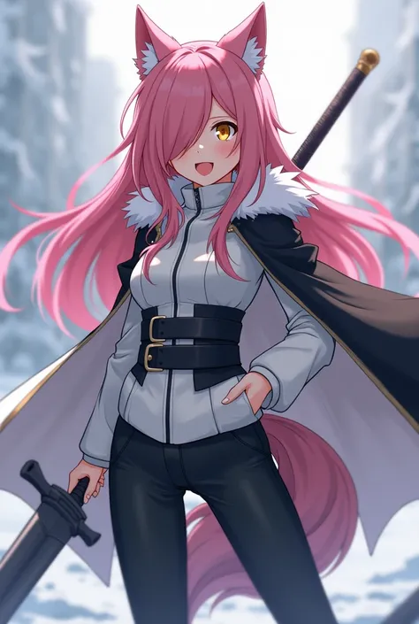 ( top quality,  thong,  official art , beautiful and aesthetic :1.2) female anime, wolf girl, rebellious girl,  long pink hair with bangs covering the right side of her face,  golden eyes, pink wolf ears, pink voluminous tail,  voluminous white coat ,  wea...