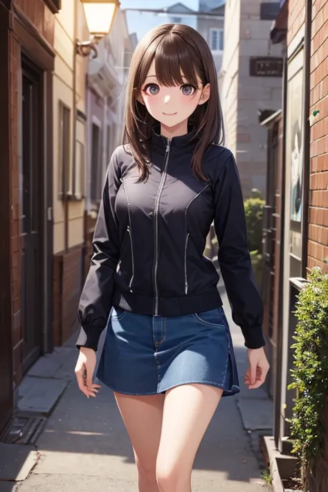 ( top quality, 8k, Masterpiece: 1.3), beauty, ( cute girl:1.3), (Alone:1.3), full body:1.3, beautiful: 1.3, Slender : 1.1, beautiful lighting, casual wear, miniskirt, (chest), Walking , do, viewers,()anegasaki nene, shiny chestnut hair, (brown pretty eyes,...