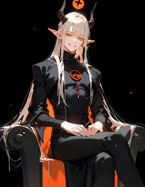 1 person,Lord of Lies,loki,Elf, black background, long bangs,Cult ,In the orange eyes,Smile widely, black-horned,He Long ,sit,