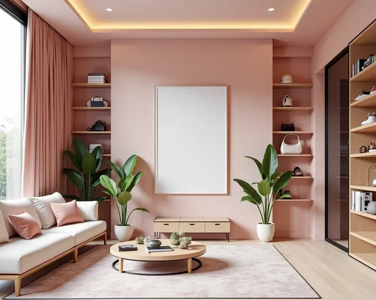 Creamy color and pink luxury modern front View master Living room With  mini plant but not too much and have display book ,Clothese and bag In shelves, shoes and pattern Rug , have modern art on wall with design ceiling and Design Panel pattern