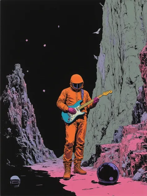 Birds, Sci-fi art of a floating cliff on dark gray blue, ancient sci-fi, helmet on the floor, long shadows projected of a close full body lone orange hue smooth gradient figure playing electric guitar and some sound boxes around, showing facing, gigantic r...