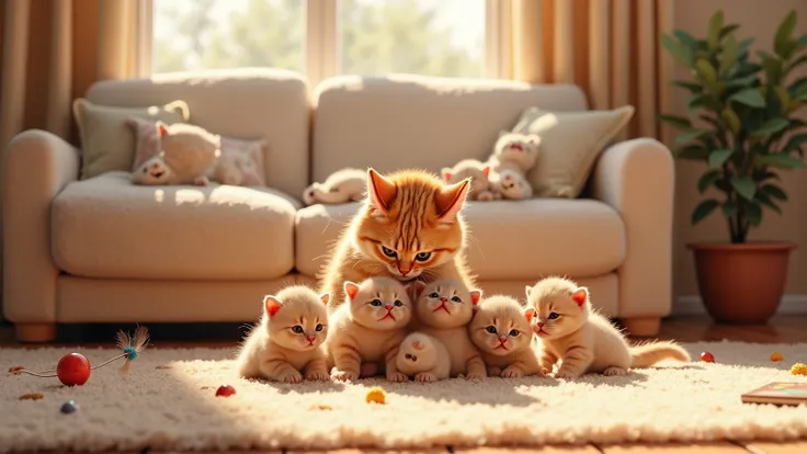 A mother cat plays with her 6 kittens in the house