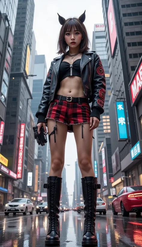 ultra-realistic, photorealistic, dramatic scene, shadow, global-illumination, solo, 1 girl\(Japanese famous young idol girl, very beautiful fragile Japanese, detailed face skin texture, Clear and fair complexion, wearing a punk rock outfits with studded le...