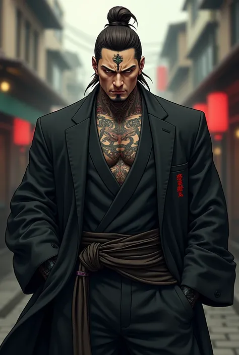 1,85 meters
Brown hair 
Yakuza outfit 
Tattoo of a Japanese dragon on her neck 
Black gloves
And an anime-style Berserk forehead tattoo 